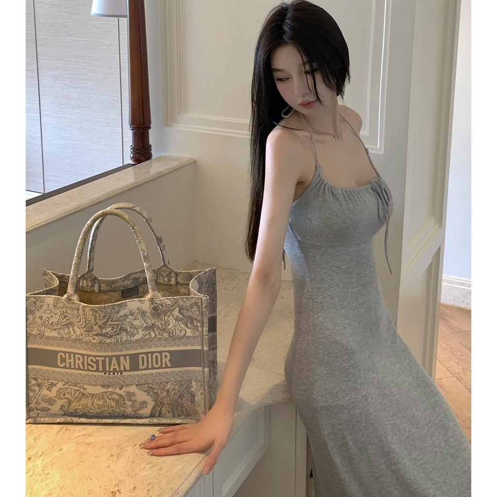 [Sexy Pure Desire] Lace-up Light Gray Slim-fitting Waist Version Long Suspender Dress Women