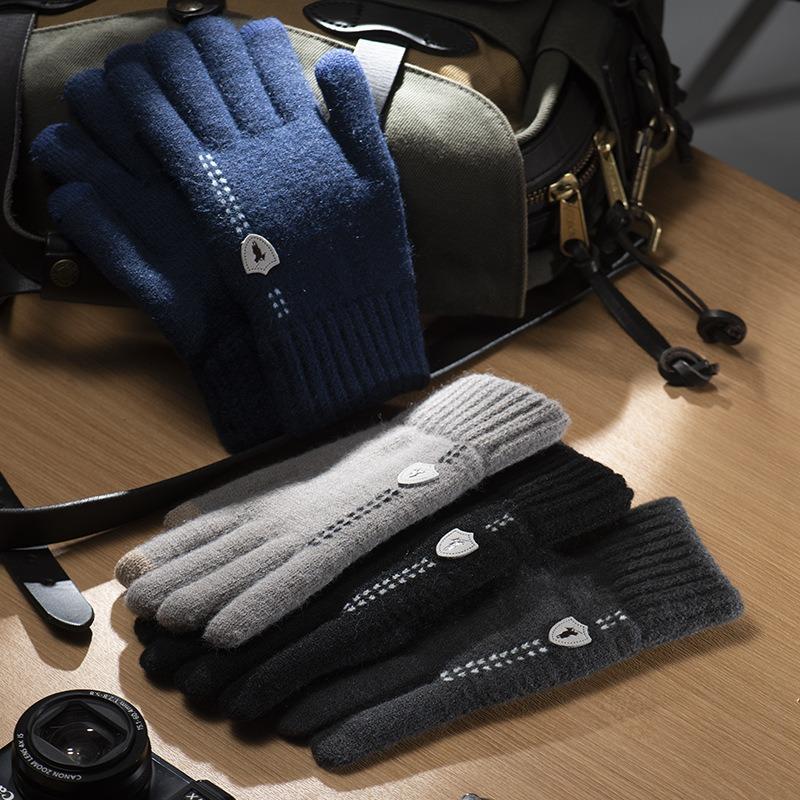 Double-layer Velvet Thickened Cold-proof Knitted Five-finger Wool Men's Winter Outdoor Windproof Cotton Gloves To Keep Warm While Cycling