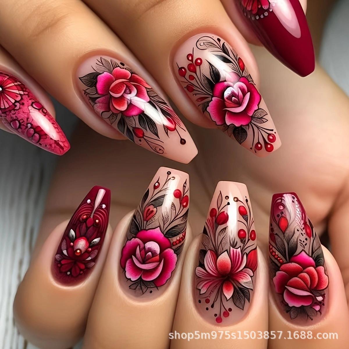 

Elegant Red Rose Ballet Style Press-On Nails - 24 Removable Pieces розы красного
