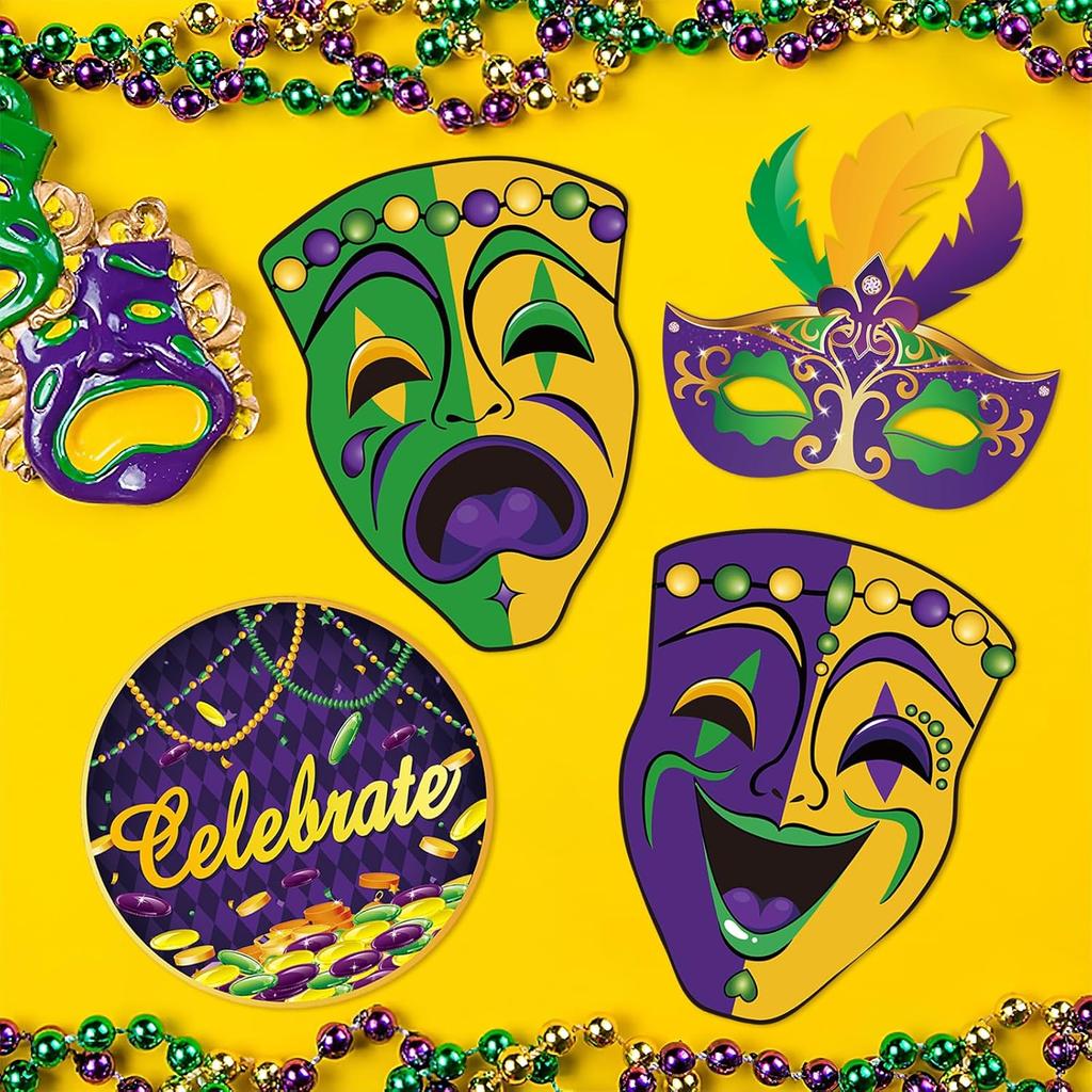 Large Mardi Gras Decorations with Comedy Tragedy Face Mardi Gras Float Mask Cutouts for Themed Party Prom Supplies-9 Pcs