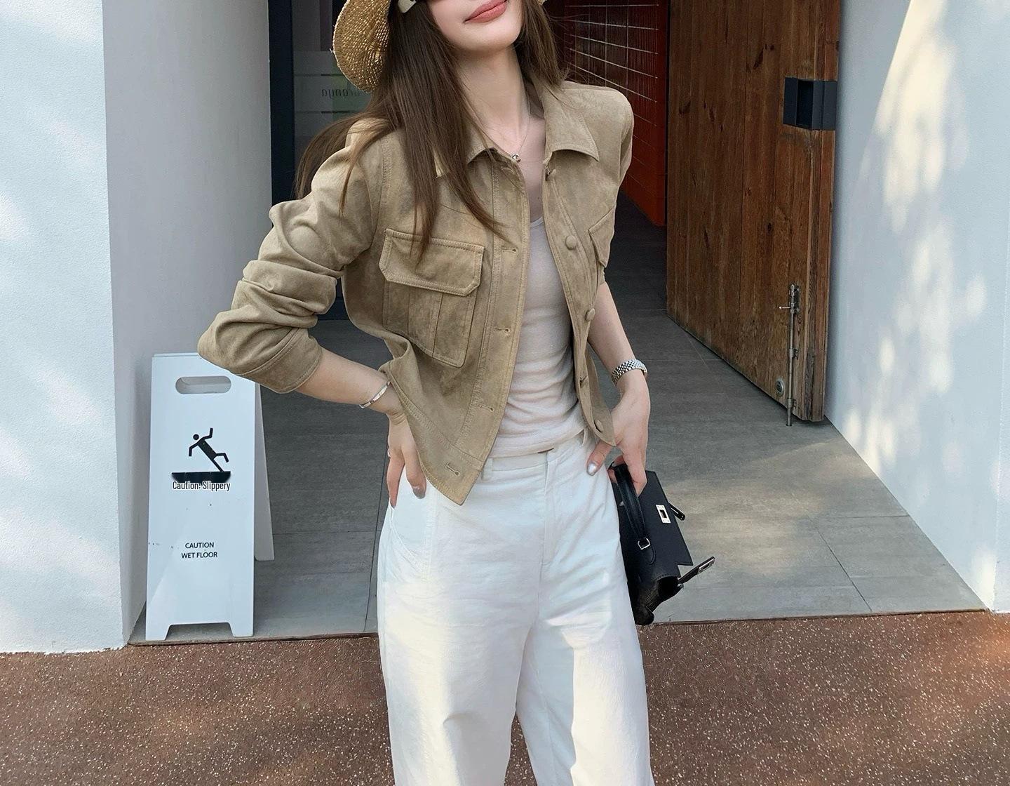 

Лондон Старая Мечта Винтажный Хаки Замшевая Женская Осенняя Рабочая Куртка, Короткая и Универсальная Large хаки