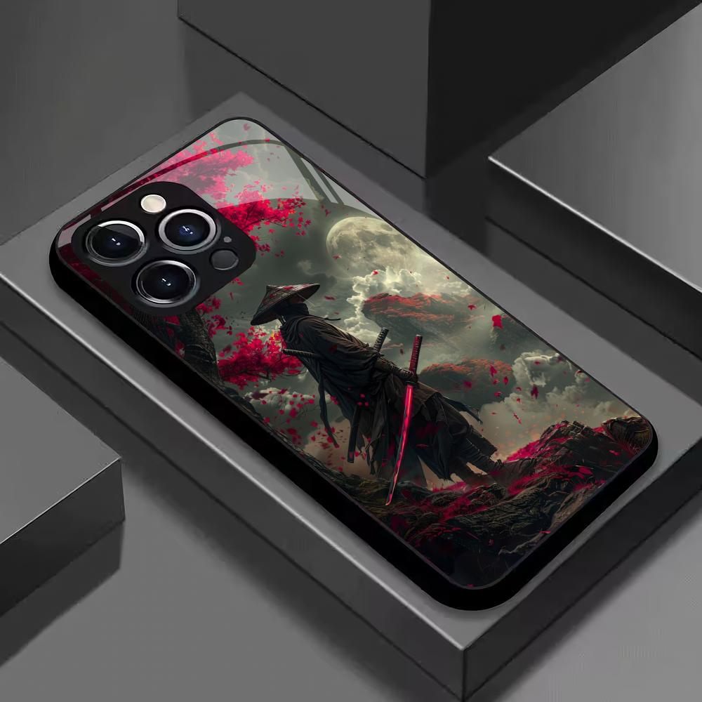 Sakura Warrior Muster gehärtetes Glas Handyhülle geeignet für iPhone 17 16 15 14 13 12 11 Pro/Max/Plus sturzsichere Rückabdeckung