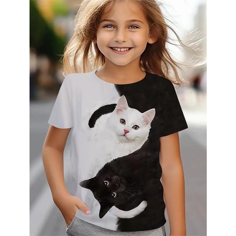 Vtipná dívčí trička Letní top s krátkým rukávem Kreslená zvířata Kočka 3D potisk Dívčí oblečení Ležérní trička