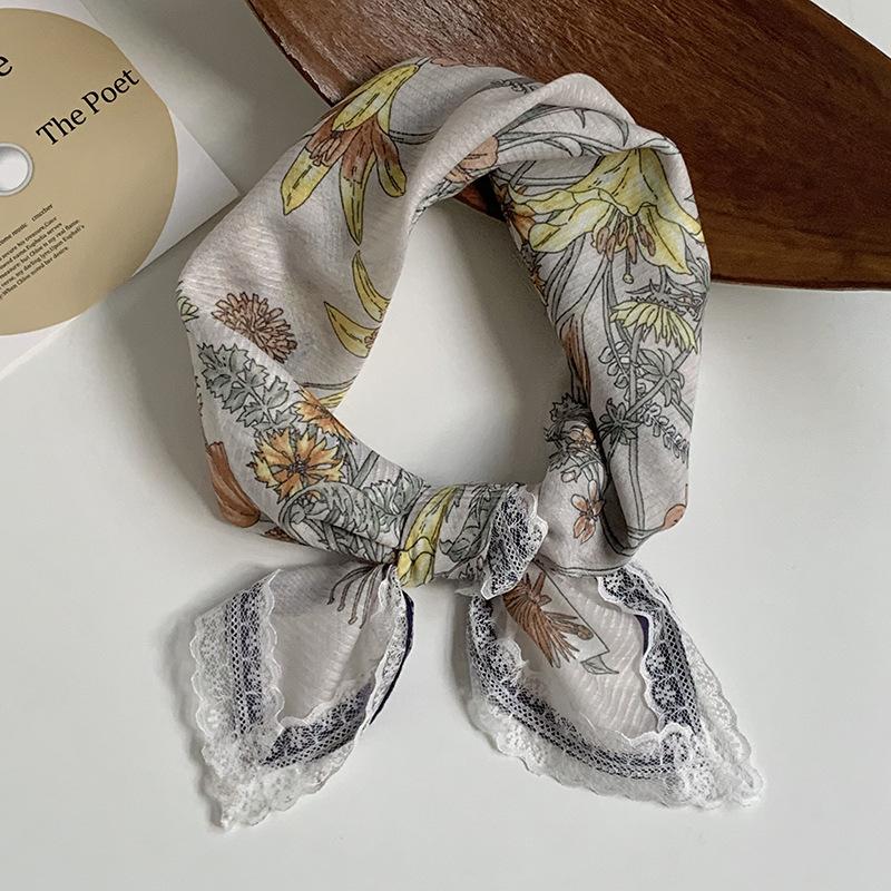 Silk scarf neck small square scarf new multi-color versatile headscarf summer women's pastoral lace headband hair accessories decorative small scarf