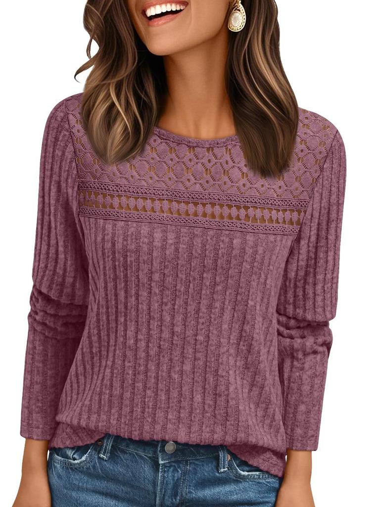 Women's Round Neck Long Sleeve Knit Top with Lace Insert and Contrast Band