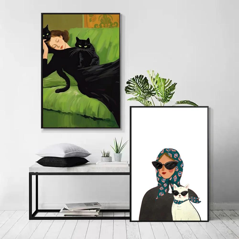 1pc Abstract Woman Bird Cat Flower Fish Couple Poster Self-adhesive Art Waterproof Paper Sticker Wall Decor