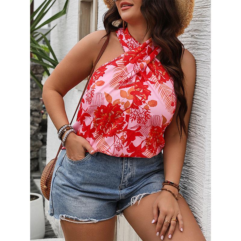 Nuova Maglietta a Maniche Corte con Stampa Senza Spalle da Donna con Scollo Halter Incrociato e Allacciatura sulla Schiena, Maglietta Pullover Estiva Casual alla Moda, Maglietta Larga Traspirante Plus Top