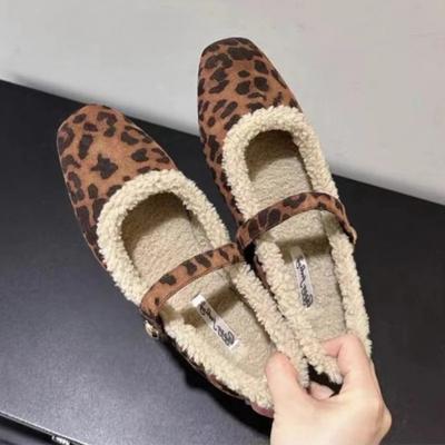 Komfortowe Leopardowe Zamszowe Płaskie Buty Jesień Zima Puszyste Ciepłe Miękkie Buty Mary Jane Damskie Eleganckie Party Buty Szpilki