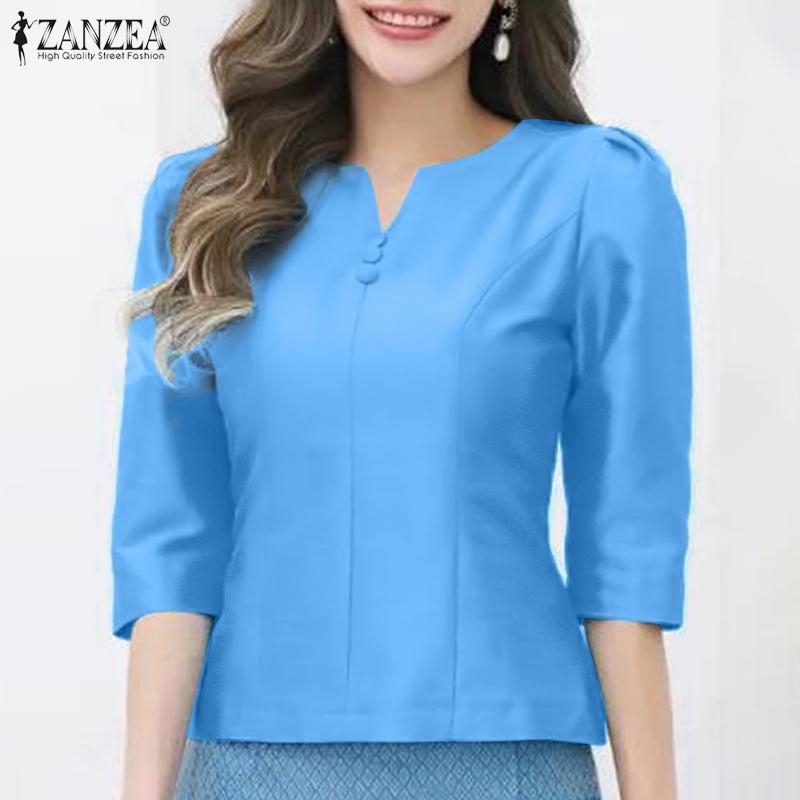 ZANZEA Women Casual Round Neck Solid Color Summer 3/4 Sleeve Blouse