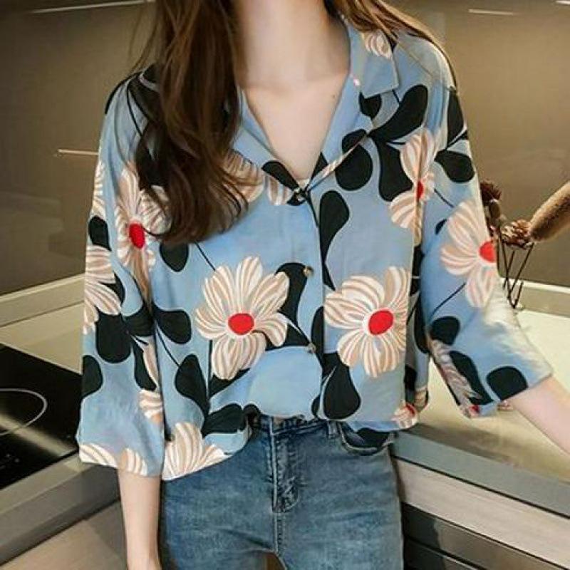 

Желтая шифоновая блузка с цветочным принтом для женщин, защита от солнца - весна/лето, стиль Гонконг XL синий