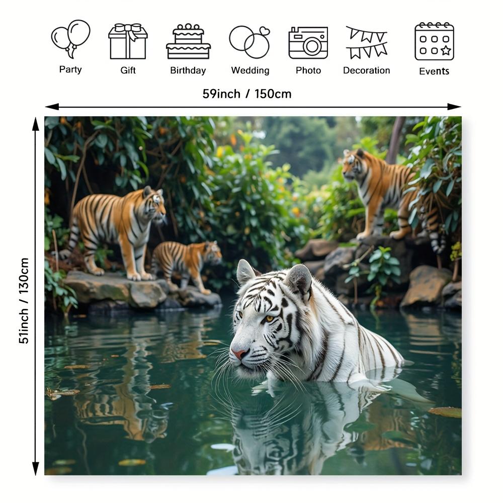 1Pc White Tiger Family Tapestry Wall Hanging, Decorative Fabric Poster for Bedroom, Living Room, Dorm & Home Decor
