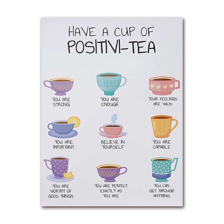 Positive Energy Tea Health Canvas Poster Inspirational Wall Art for Home Bedroom Office Healing Self-Love Affirmation Mental 21X30CMNo Framed
