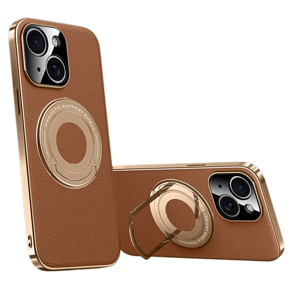 

For iPhone 14 Case Compatible with MagSafe Leather TPU Back Cover with Hidden Kickstand Brown