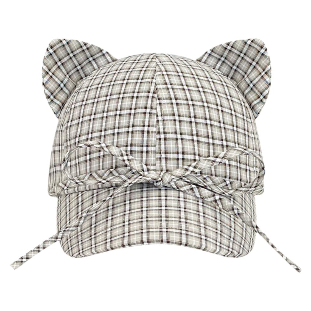 Fashion Cat Ears Baseball Cap Plaid Bow Tie Style Peaked Cap Breathable Simple Sun Hat Unisex Outdoor