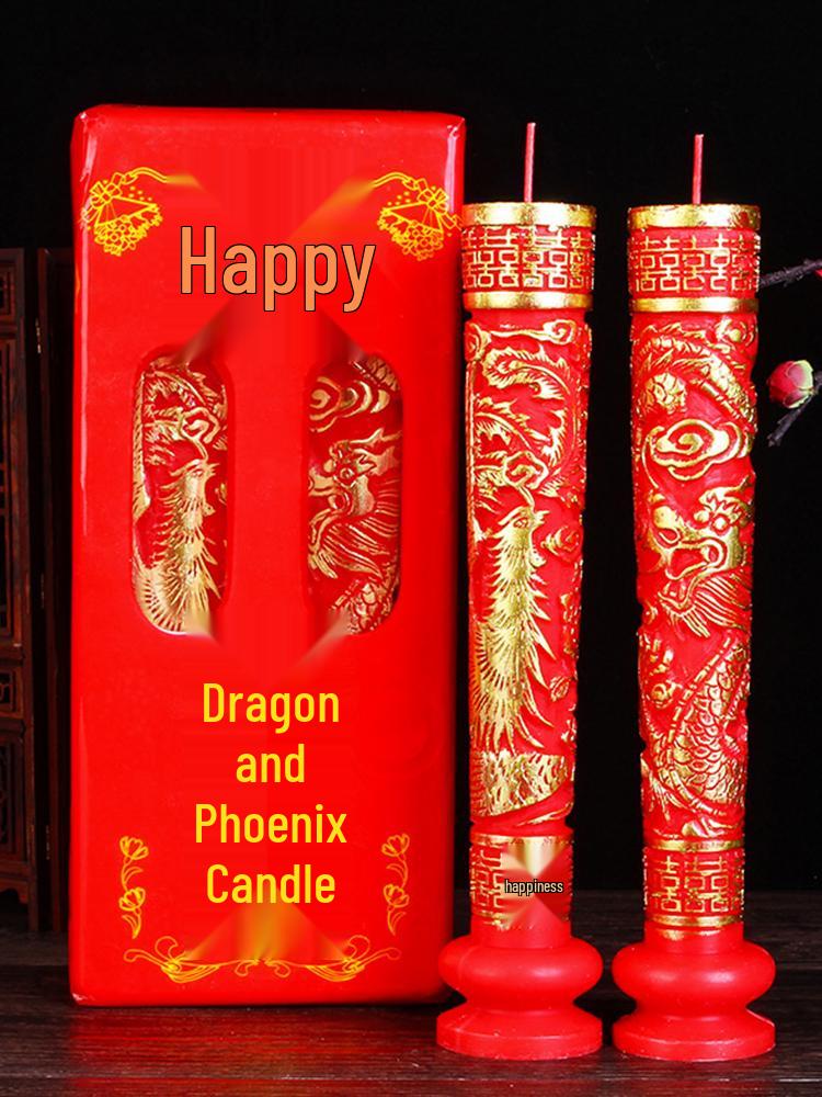 Double Happiness Smokeless Red Candles for Wedding and Engagement Celebrations with Dragon and Phoenix Design
