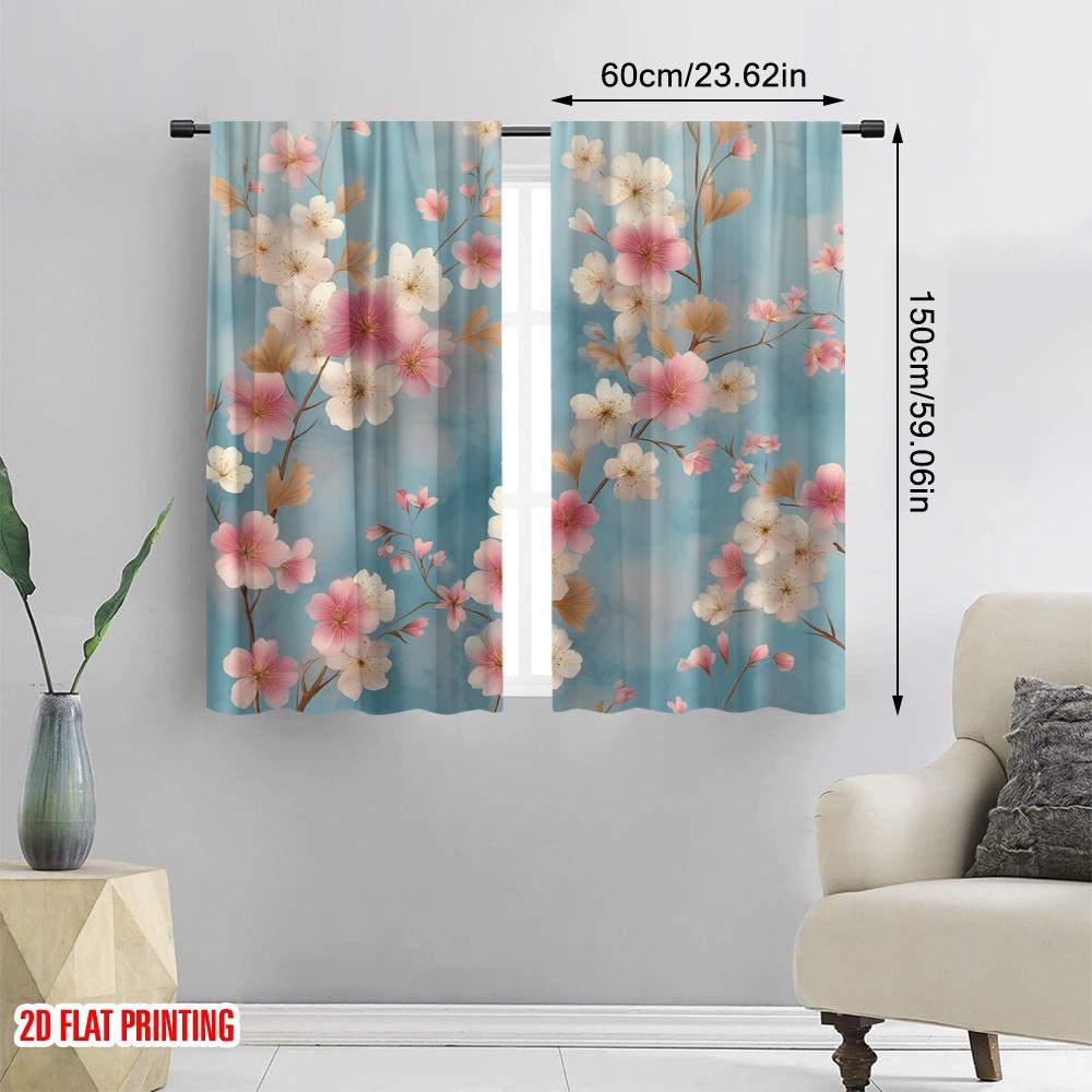 2 Stück, 2D-Flachdruck Vorhänge & Fensterdekoration Kirschblüten auf blauem Polyesterstoff (ohne Stange) Art Deco Festlich für