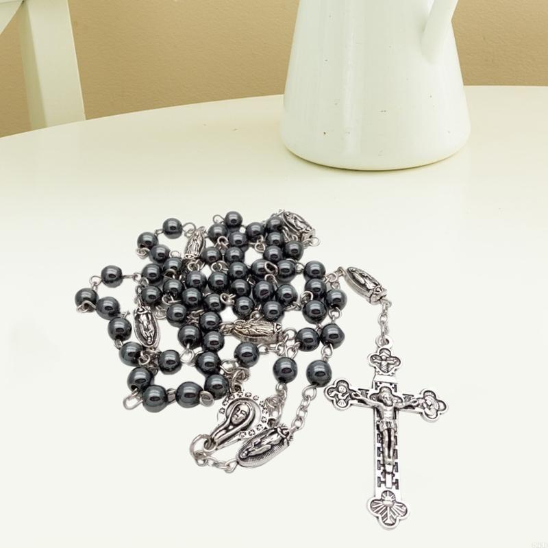 62KD Vintage Religion Rosary Necklace Hematite Stone Round Beads Chain with Jesus for Cross Pendant Necklace Catholic Jewelry
