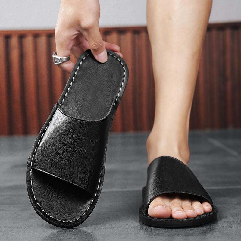 High Quality New Luxury Men's Summer Genuine Leather Slippers Cool Breathable Anti-Slip Outdoor Trendy Beach Shoes