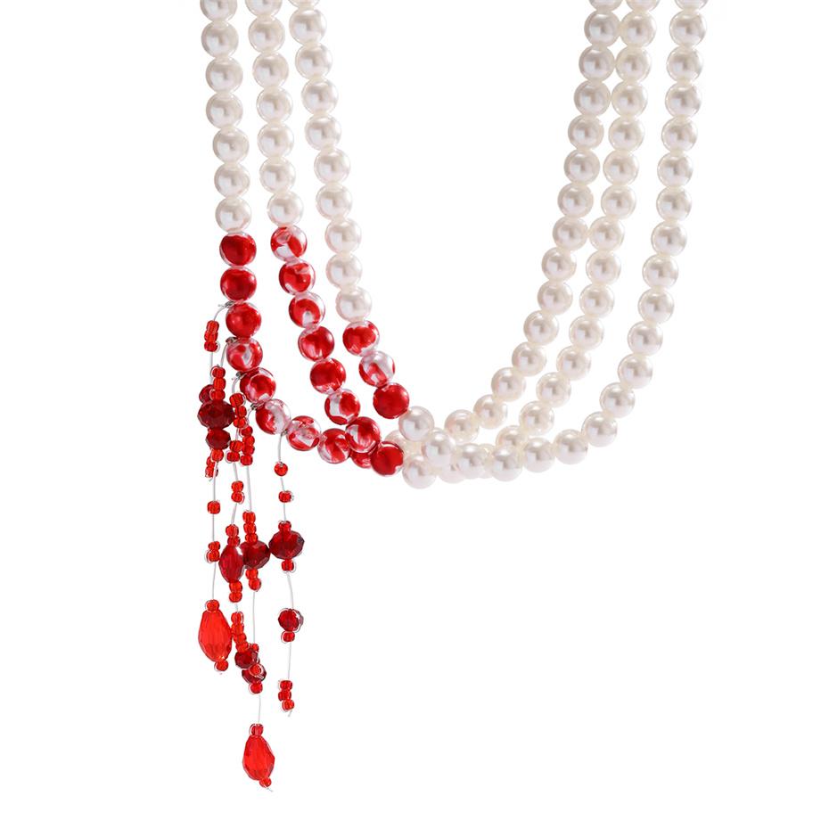Multilayer Vintage Red Blood Pattern Imitation Pearl Tassel Pendant Necklace for Women Goth Crystal Bead Chain Halloween Jewelry