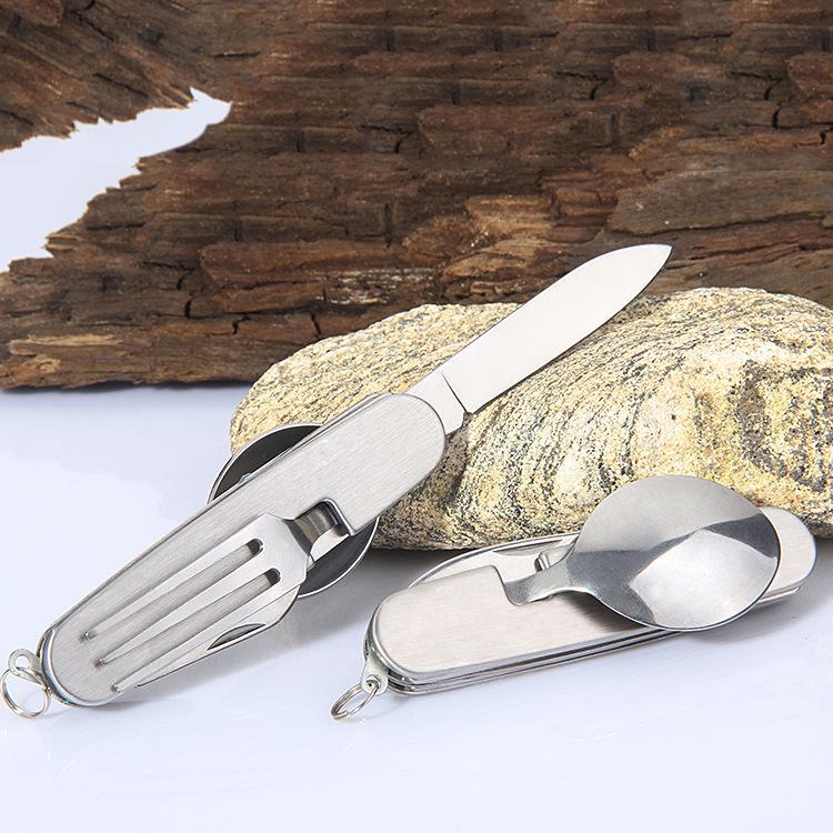 Set de ustensile de camping detasabile din oțel inoxidabil pentru exterior - cuțit pliabil, furculiță, lingură, cuțit pentru fructe - veselă multifuncțională