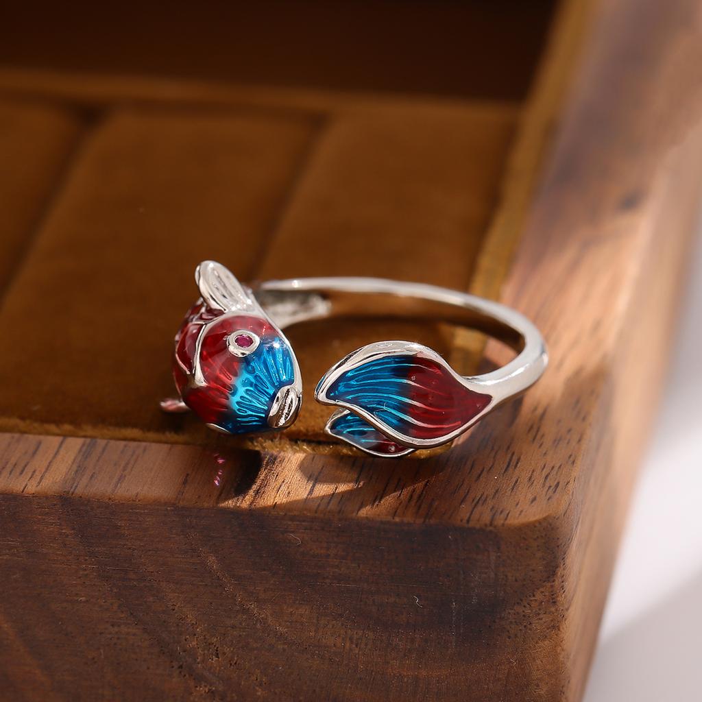 Creative Lucky Transfer Epoxy Blue Carp 925 Sterling Silver Jewelry Personality Colorful Fish Sweet Animal Opening Rings R318
