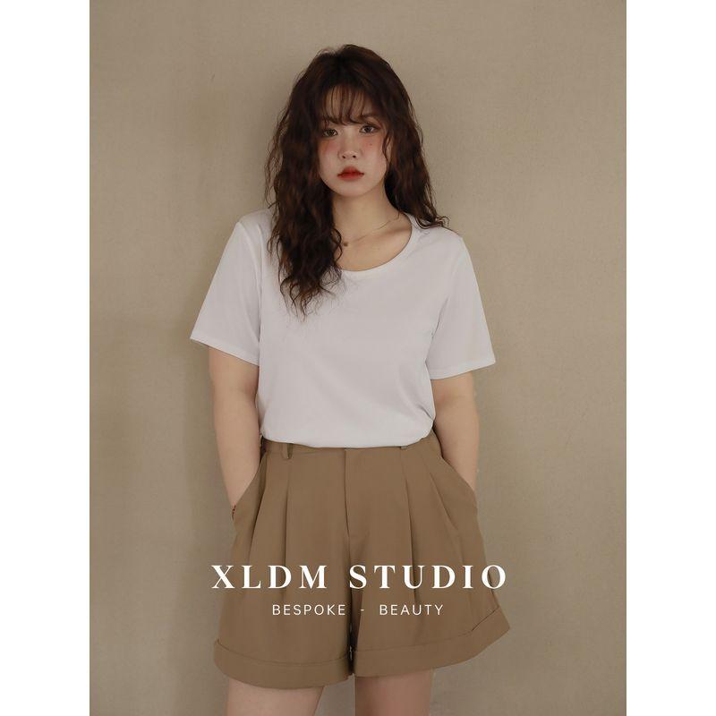 Thin Upgraded U-Neck 4-Color Shoulder Plus Size Ladies Short Sleeve
