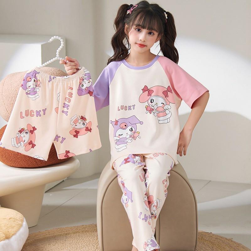 Girls Cotton Pajama Set Lightweight Short Sleeve Long Pants 3-Piece Sleepwear Kids Ages 8
