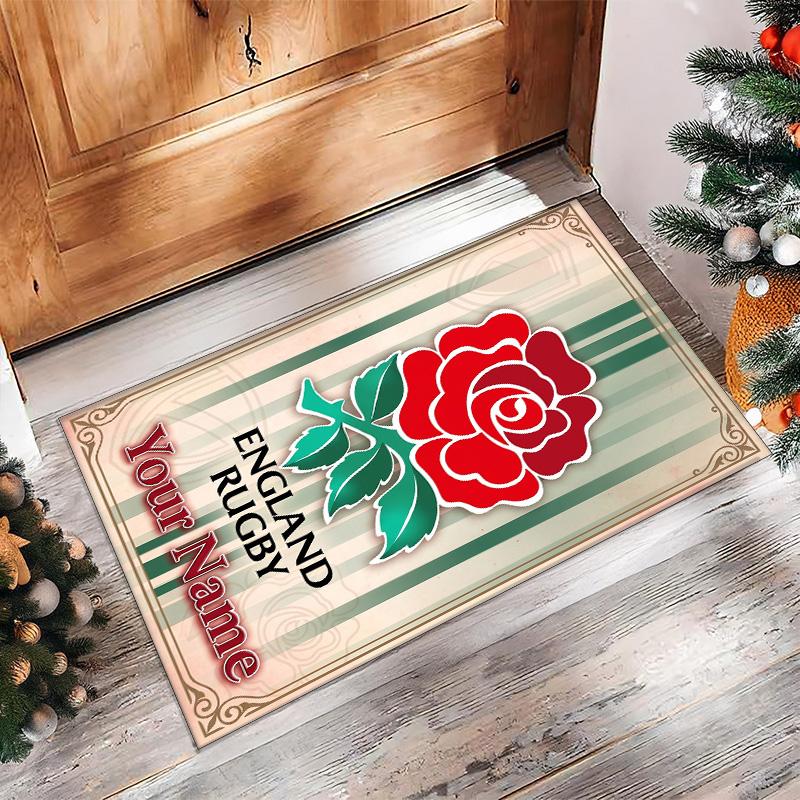 England Rugby Crystal Velvet Rug, Custom Name Text Personalized Non‑Slip Floor Mat for Home Decor Gift
