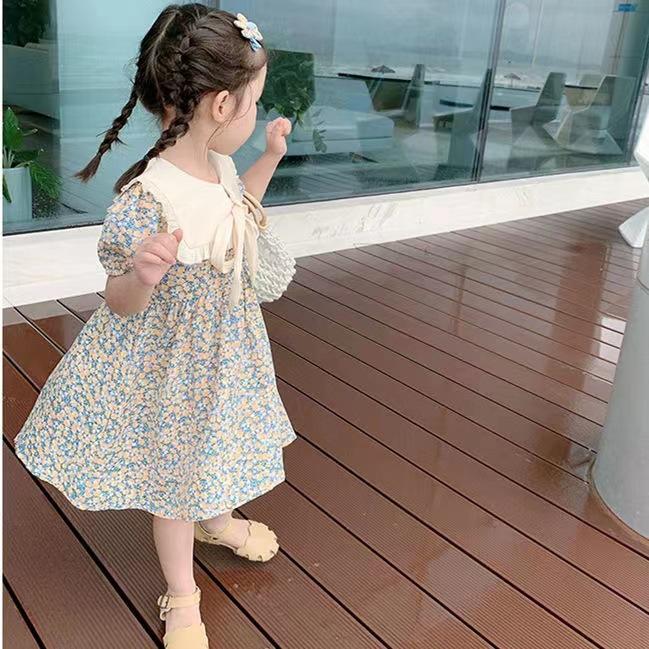 Girls Floral Dress Summer Lapel Western Style Little Girl Princess Dress