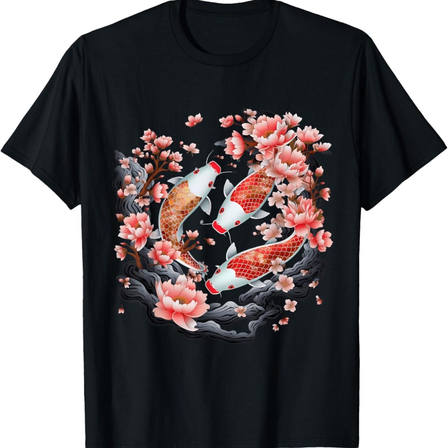 Koi Carp Ying Yang Nishikigoi Fish Cherry Blossom T-Shirt(10) S чёрный