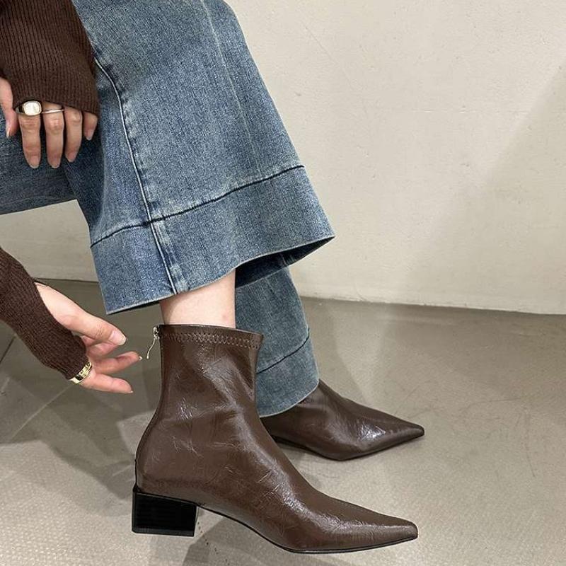 Short Boots for Women Thick Heeled Short Boot Retro Pointe Toe Ankle Boots for Women New Casual Leather Boot Botas Mujer