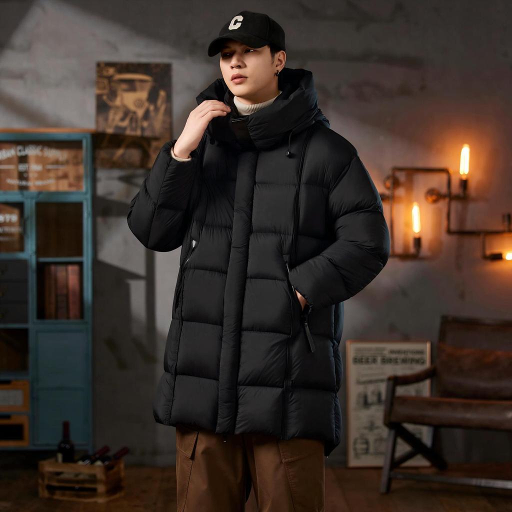 Men's Trendy Winter Hooded Down Jacket: Warm, Thickened, Mid-Length Coat with Stand Collar.