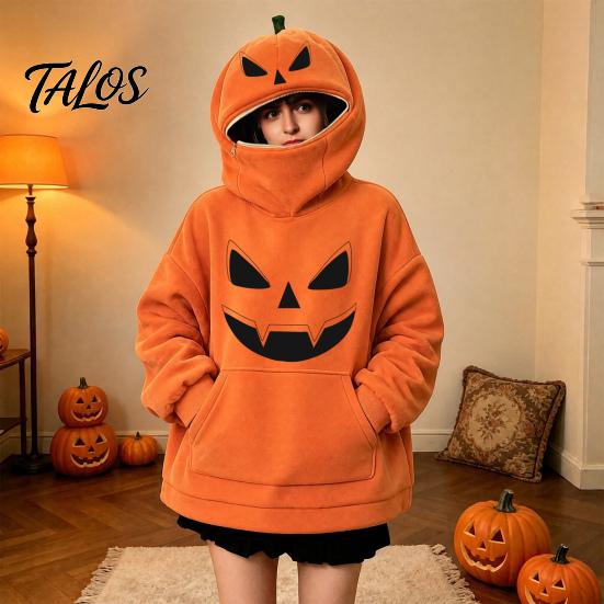 Halloween Pumpkin Hoodie Women Oversized Hoodie, Fall Long Sleeve Hooded Loose Fit Sweatshirt with Pocket, Jack-O-Lantern Holiday Costume Pullover Top