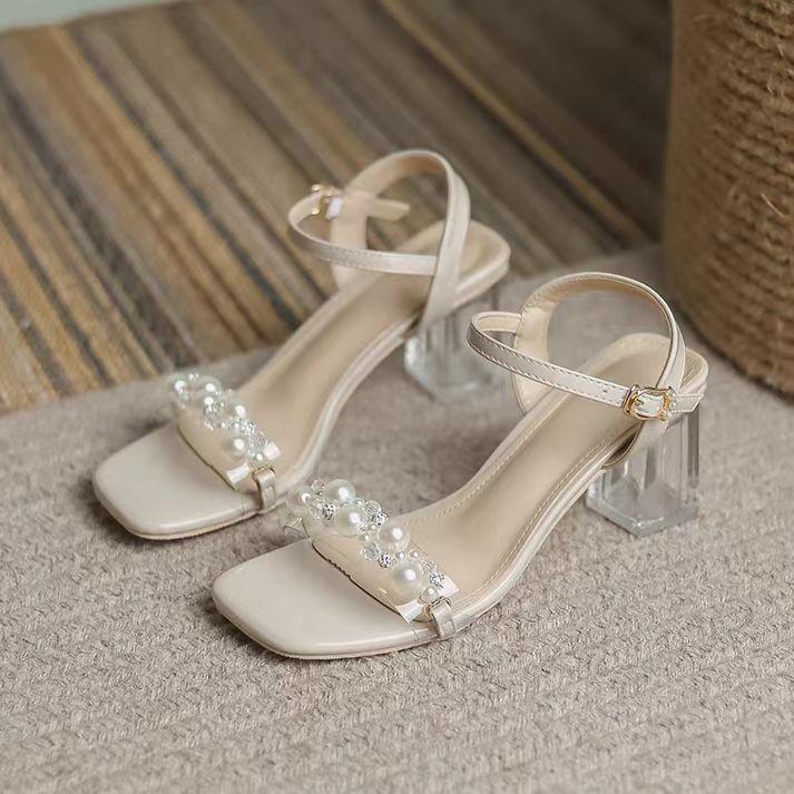 2025 new one-word sandals women's summer French temperament fashion soft-soled crystal thick heel versatile high heels
