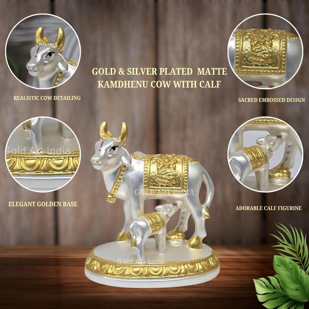 Kamdhenu Cow with Calf Idol Gold Silver Plated with Matte Finish | Home Decor Gaay Bachda Cow| Positive Energy | Wealth Idol Diwali Puja