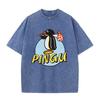 Funny Pingu the Penguin Cartoon Print Washed Beige Streetwear T Shirt