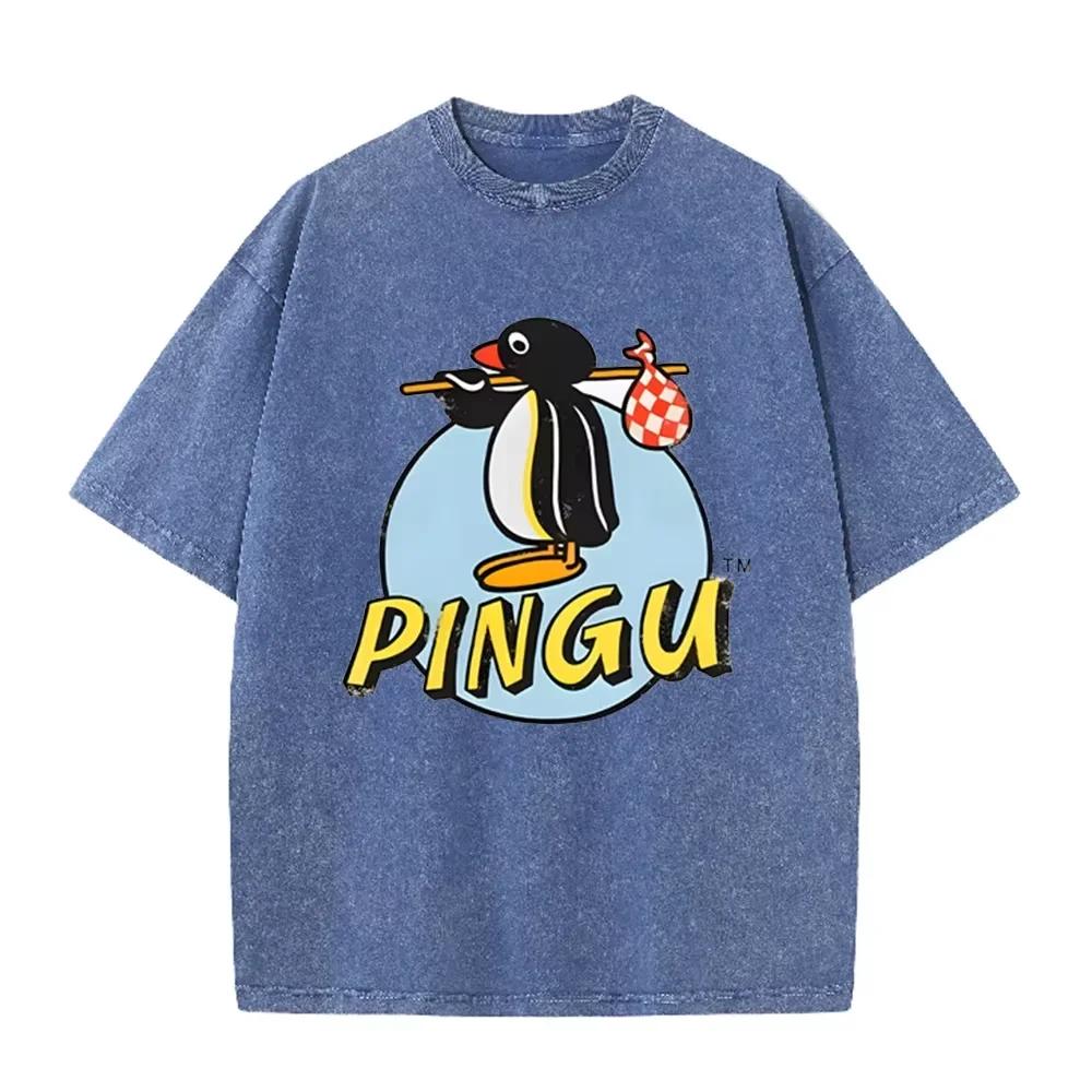 Funny Pingu the Penguin Cartoon Print Washed Beige Streetwear T Shirt