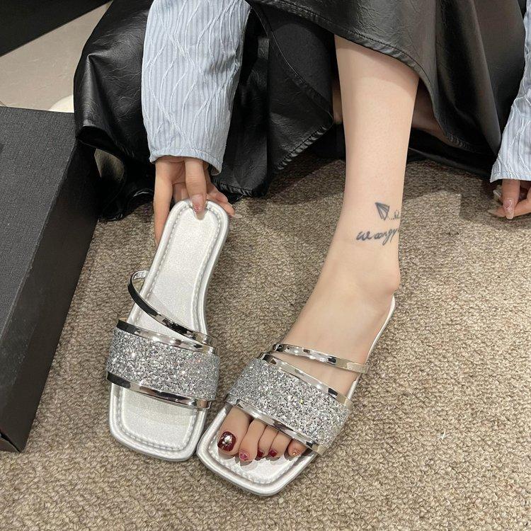 2024 Summer French Sequined Flat-bottomed Slippers Fairy Style with Skirt One-word Belt Large Size Flat-bottomed Sandals Drag Women Outside
