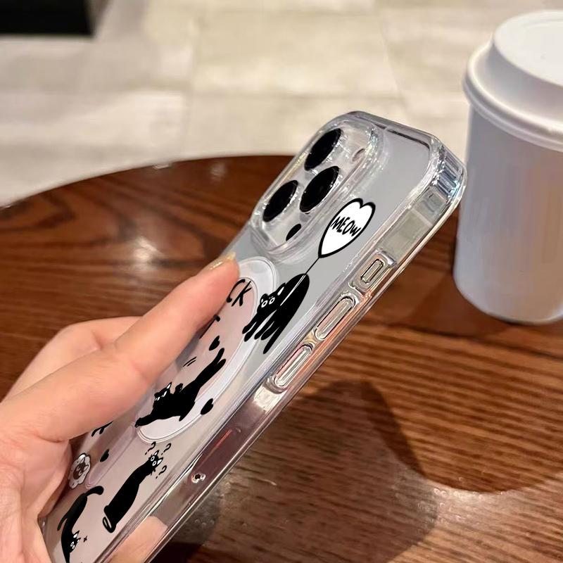 For Magsafe Magnetic Phone Case For Samsung Galaxy S26 Ultra S25 S24 FE S23 S22 Plus Cute Cartoon Black Cat Pattern Clear Cover