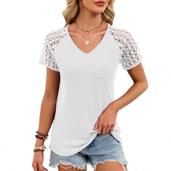 2026 Spring/Summer New Solid Color V-Neck Loose Lace Short-Sleeve T-Shirt for Women