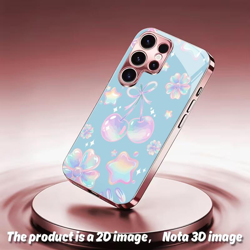 2DFlat Samsung electroplated tempered glass phone case,Pastel Stars and Cherries DesignSuitable for Galaxy S26 S23 S24FE S25ULTRA S22 S21
