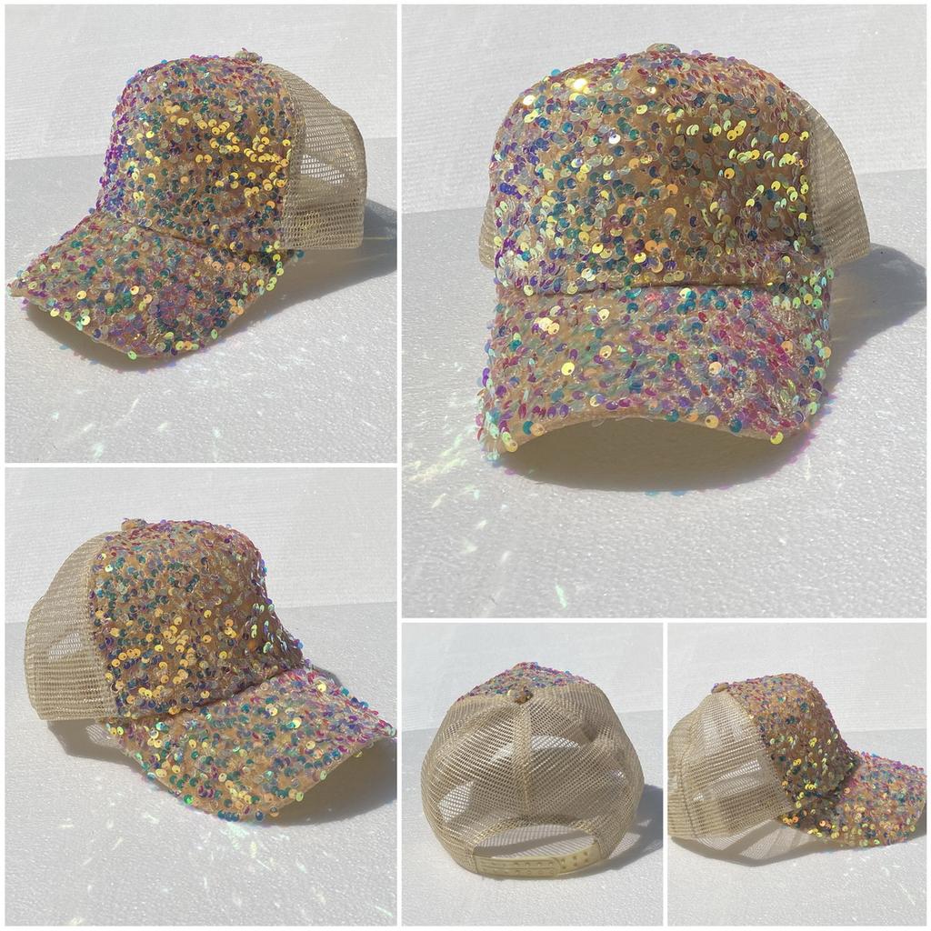 Fashion Ladies Full Sequin Decor Trucker Cap, Shiny Mesh Back Peaked Hat, Adjustable Sun Protection Baseball Hat for Outdoor Vacation