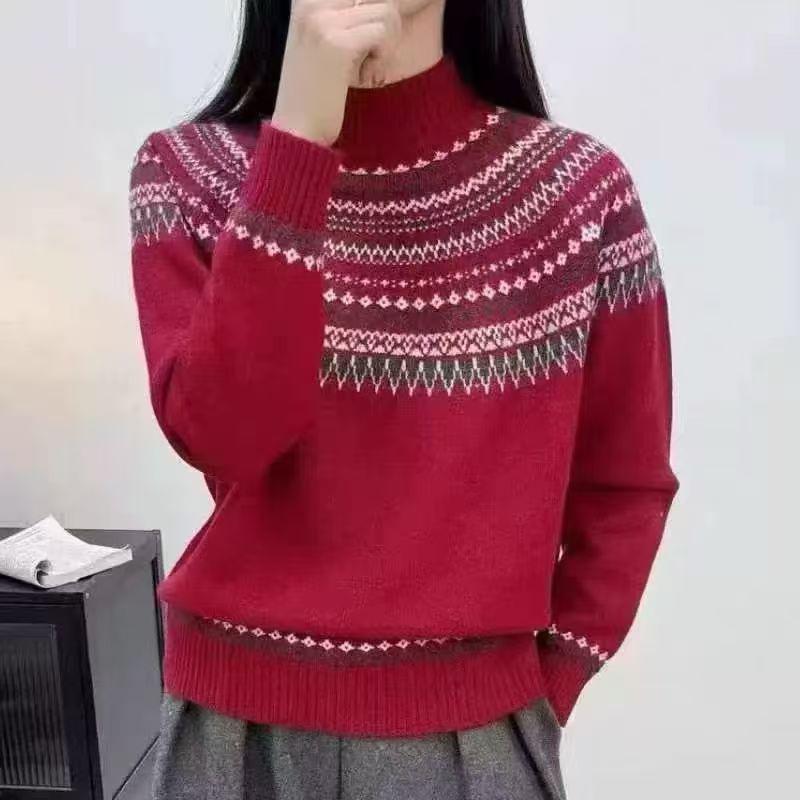 Fair Isle Women's Retro Cashmere Sweater - French Style Round Neck Pullover, Long Sleeve Knitwear