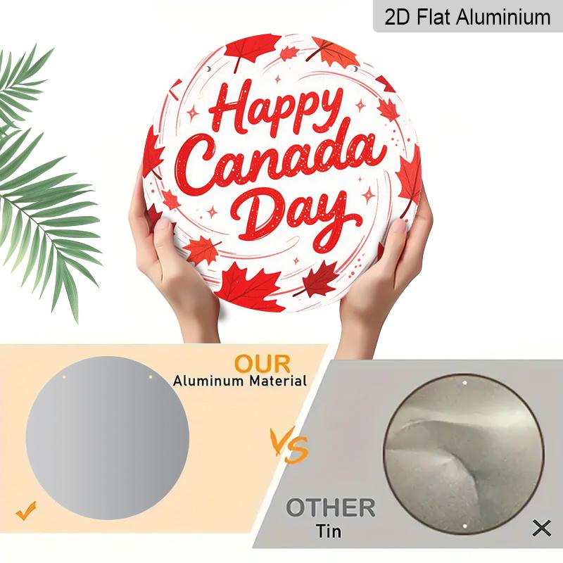 2D Flat, Round Aluminum Canada Day Decor Plaque, "Happy Canada Day" Sparkly Maple Leaf Metal Sign, Waterproof, Durable & Easy To Install, Ideal for