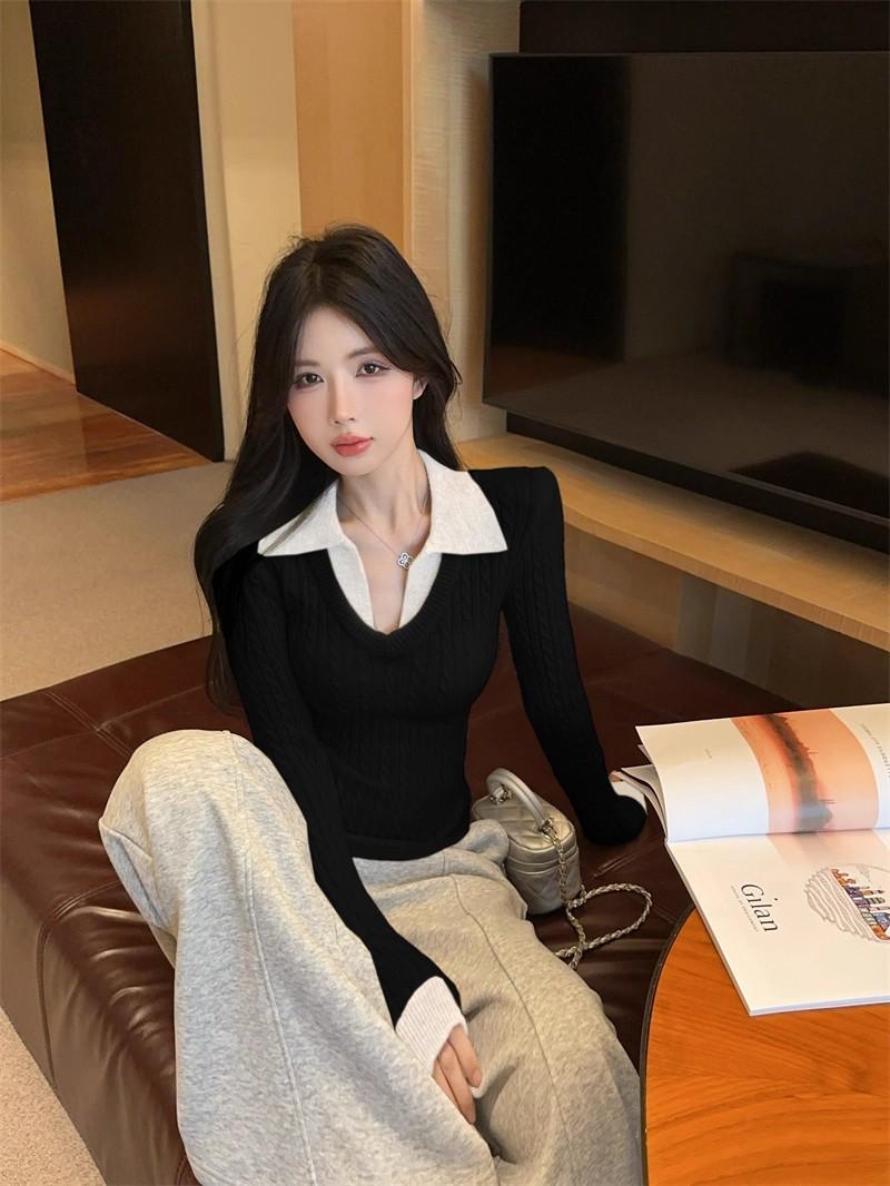 

Женский трикотажный свитер в стиле Гонконга с V-образным вырезом и воротником поло - Модный тренд Осень/Зима Medium чёрный