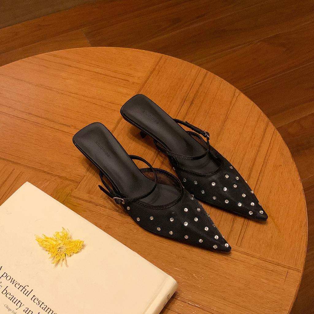 Sheepskin version~ Grape mother rhinestone pointed head temperament high heels mesh yarn breathable rear empty single shoes women's bag head cool s