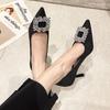 Spring New Rhinestone Square Buckle Pointed High Heels Fashionable Women's Shallow Mouth Stiletto Single Shoes Bridal Wedding Shoes