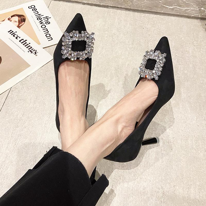 Spring New Rhinestone Square Buckle Pointed High Heels Fashionable Women's Shallow Mouth Stiletto Single Shoes Bridal Wedding Shoes