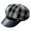 New PU Leather Brim Checkered Octagonal Cap for Children's Autumn and Winter Outings Elegant Beret  Retro Casual Newsboy Cap
