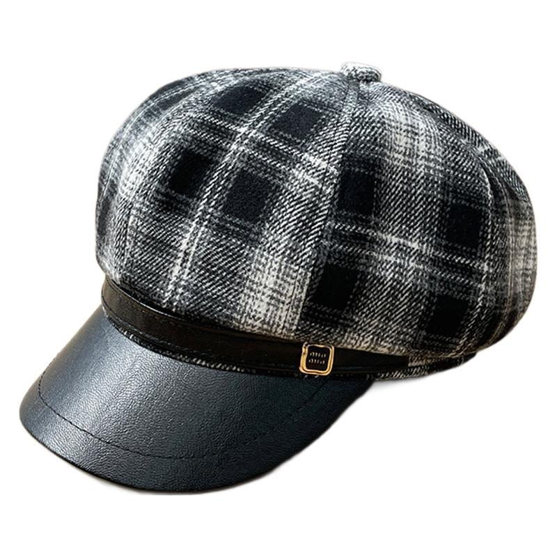 New PU Leather Brim Checkered Octagonal Cap for Children's Autumn and Winter Outings Elegant Beret Retro Casual Newsboy Cap